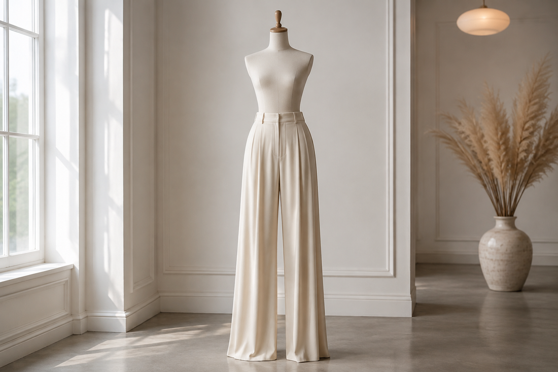 Elegant wide-leg trousers with fluid drape in a bright studio