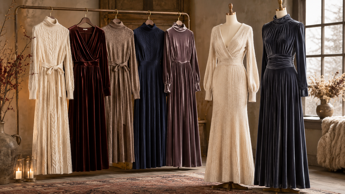 Winter dresses in knit velvet and wool displayed in a warm studio