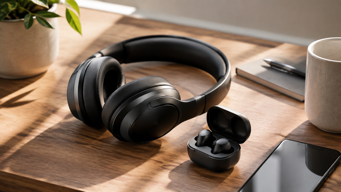 Wireless over-ear headphones and earbuds on a clean desk