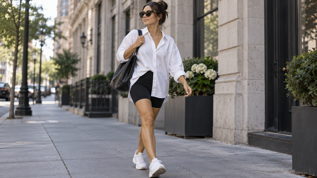 Adult woman styling black biker shorts with an oversized white shirt