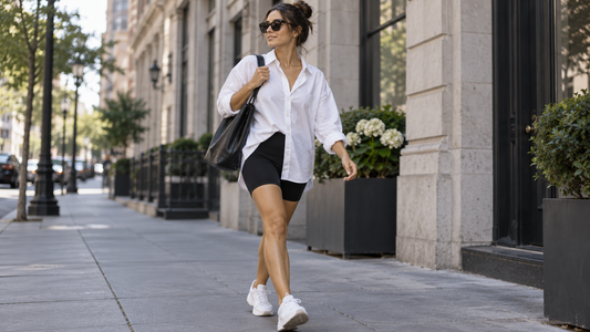 Adult woman styling black biker shorts with an oversized white shirt