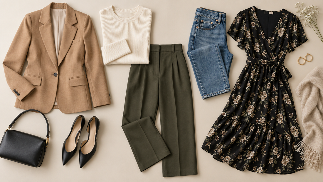 Editorial flat lay illustrating women's clothing online with no text or branding