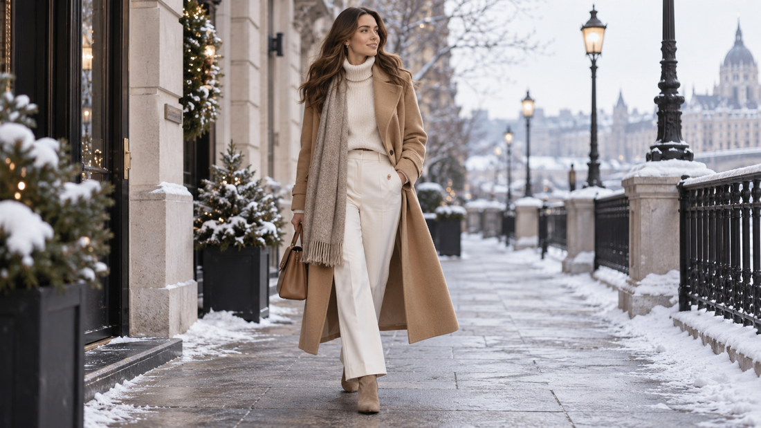Adult woman wearing a camel long coat on a snowy city street