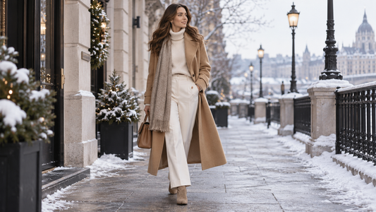 Adult woman wearing a camel long coat on a snowy city street