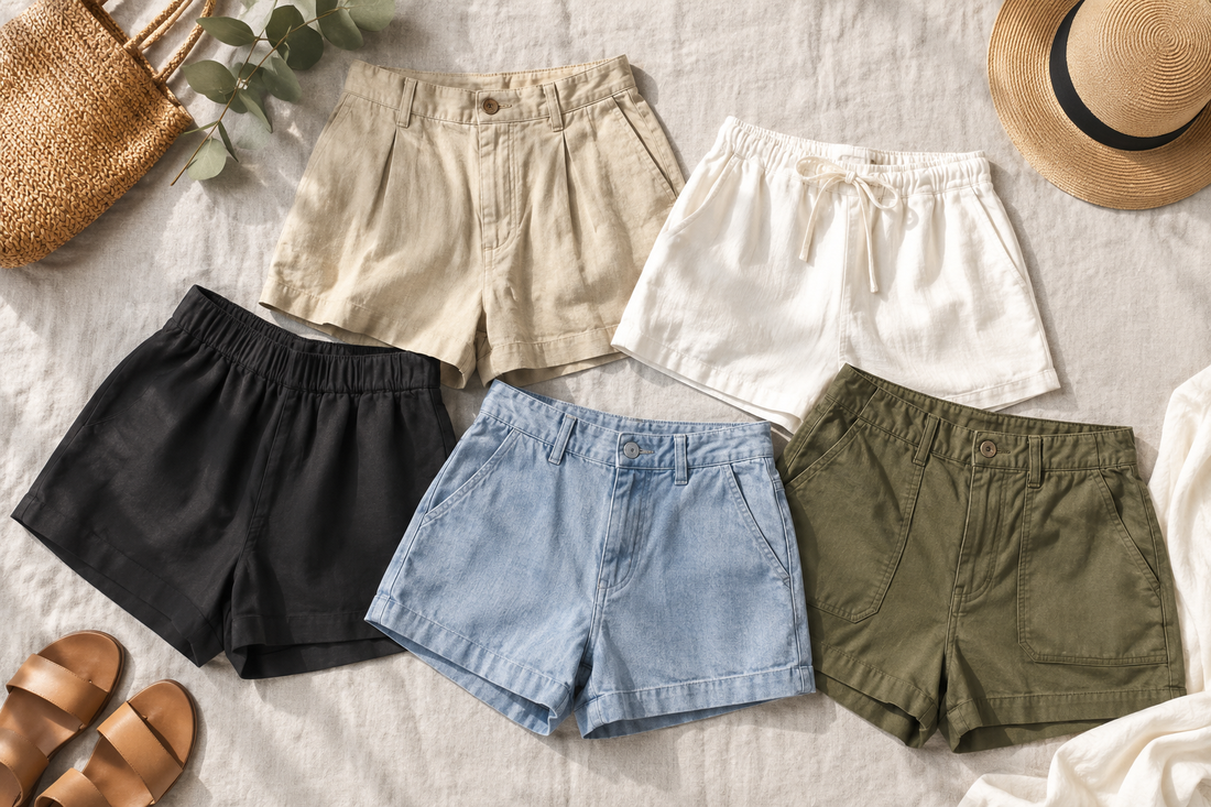 Collection of women's shorts in neutral summer fabrics