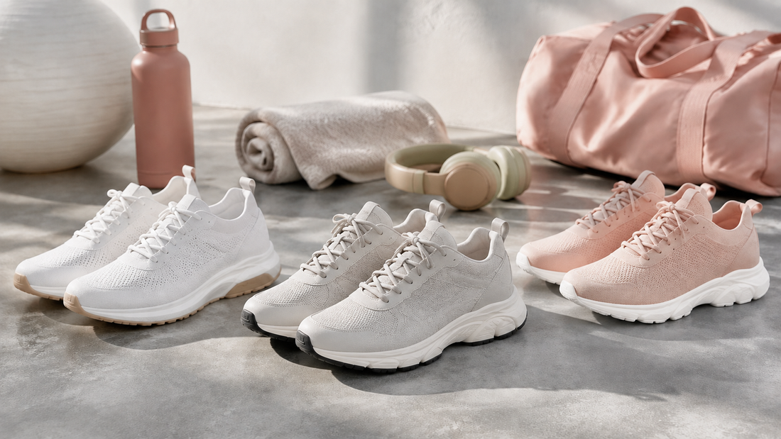 Women's trainers in white grey and blush with fitness accessories