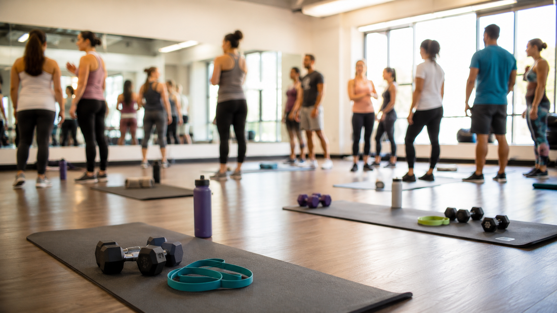 Welcoming group fitness studio prepared for a workout class