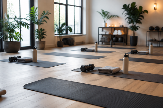 Boutique workout studio prepared for a group fitness class