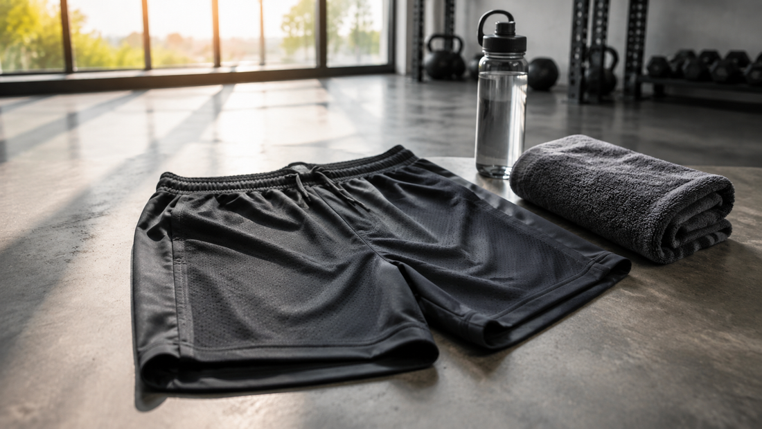 Technical workout shorts arranged in a modern training studio