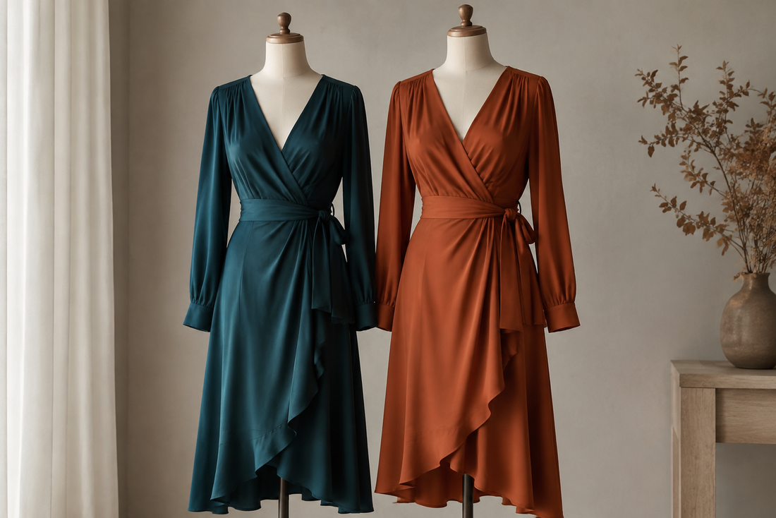 Elegant teal and rust wrap dresses with defined waist ties