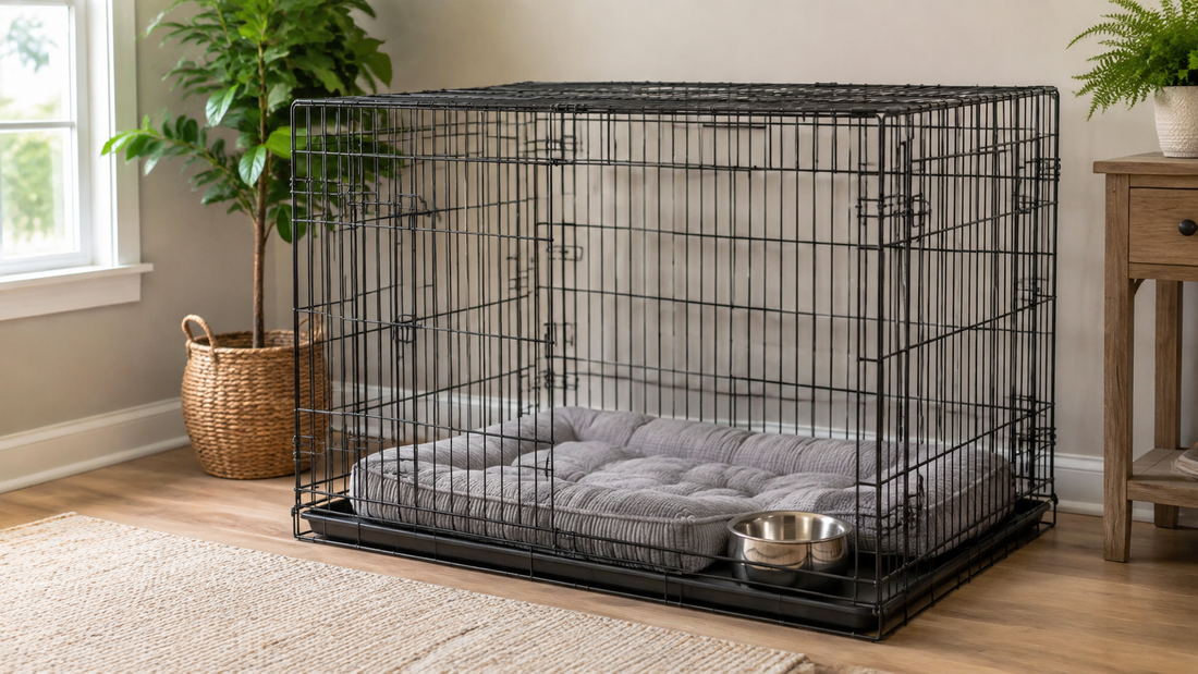 Extra-large dog crate with bedding and water in a calm home interior