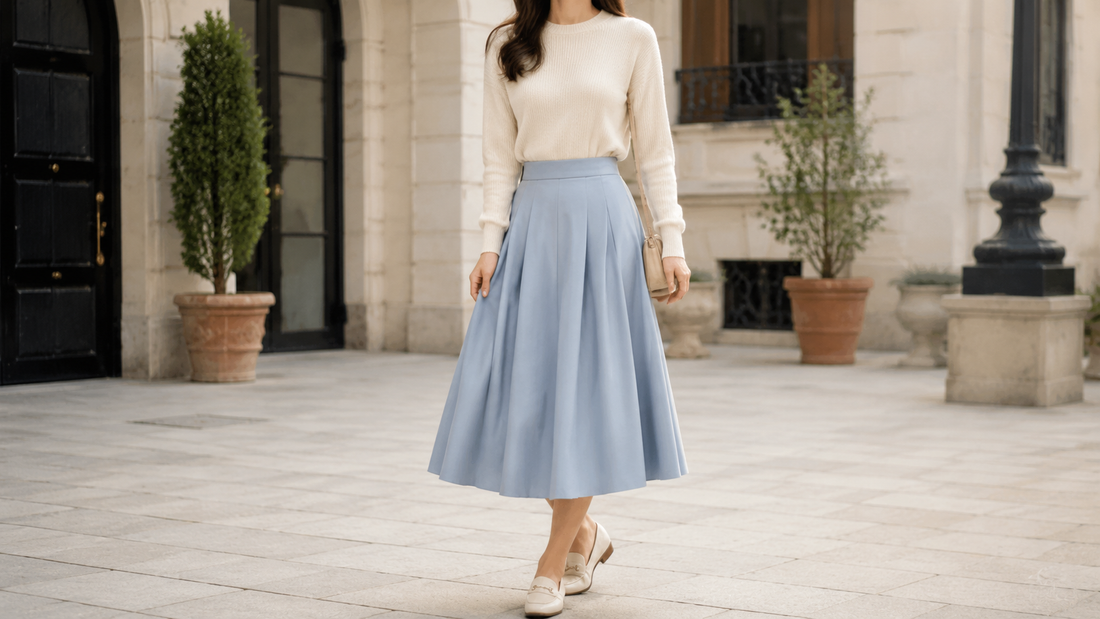 Woman wearing a pastel blue high-waist flowing midi skirt with a cream knit in a city courtyard