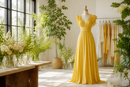 Yellow dress displayed in a bright botanical studio