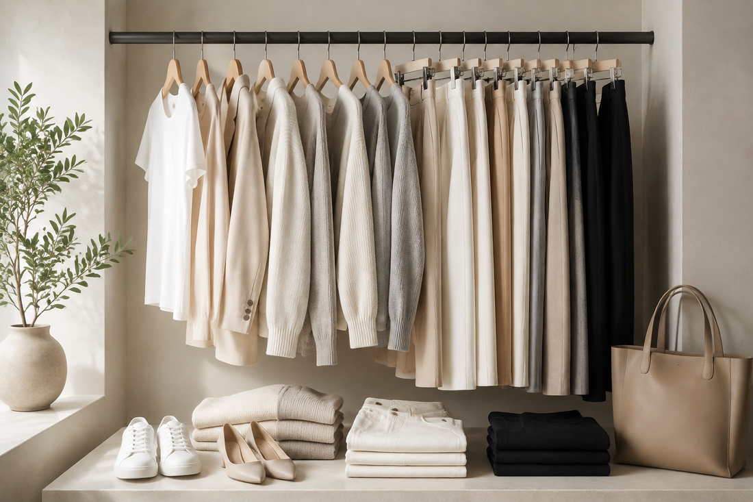 Curated capsule wardrobe of premium neutral clothing essentials