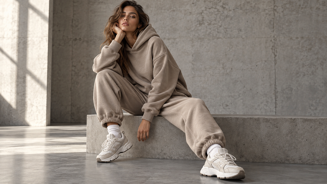 Neutral taupe tracksuit displayed as a coordinated top and pants set in a modern studio