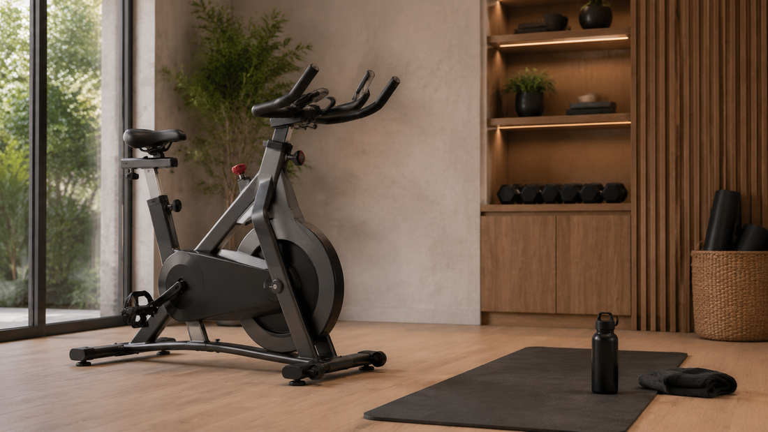 Modern exercise bike in a bright home gym with training mat, towel and water bottle