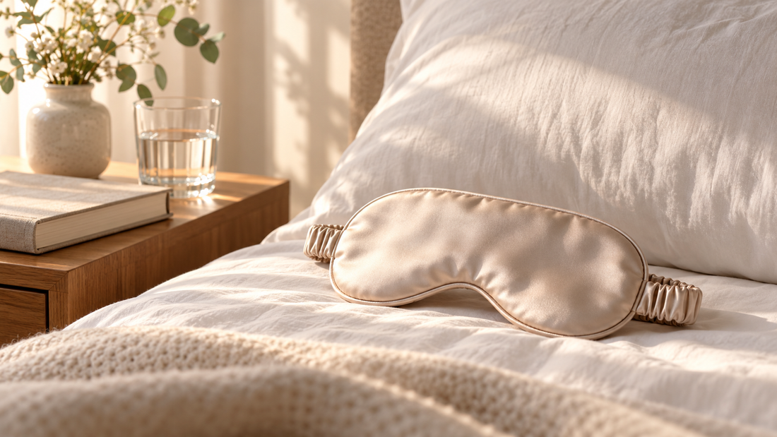 Champagne satin sleep eye mask on a sunlit bed beside a book and water