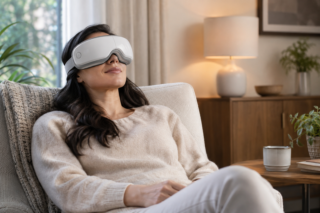 Woman relaxing at home while wearing a modern eye massager