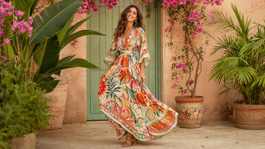 Woman in a colorful printed maxi dress in a botanical courtyard