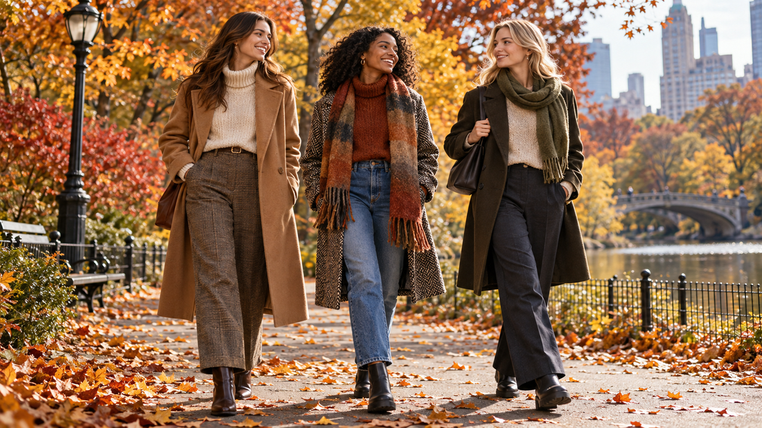 Adult women wearing layered fall outfits in an autumn park