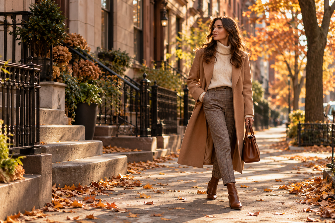 Adult woman wearing a layered 2022-inspired fall outfit on an autumn city street