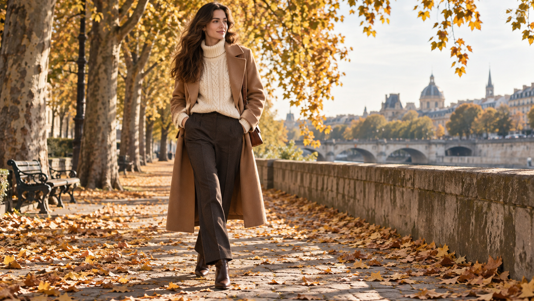 Adult woman wearing an unbranded layered fall outfit with knitwear and a camel coat outdoors