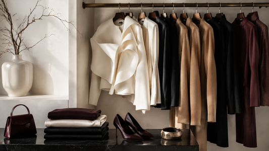 Luxury fashion garments and accessories in a refined wardrobe