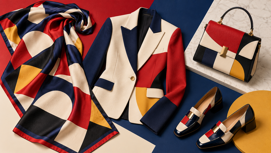 Bold geometric luxury fashion flat lay with scarf, jacket, bag and shoes
