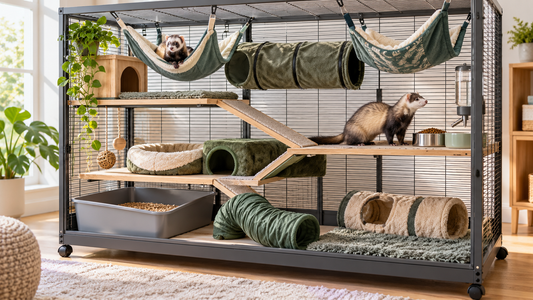 Spacious ferret cage with solid levels, hammocks, tunnels and litter area
