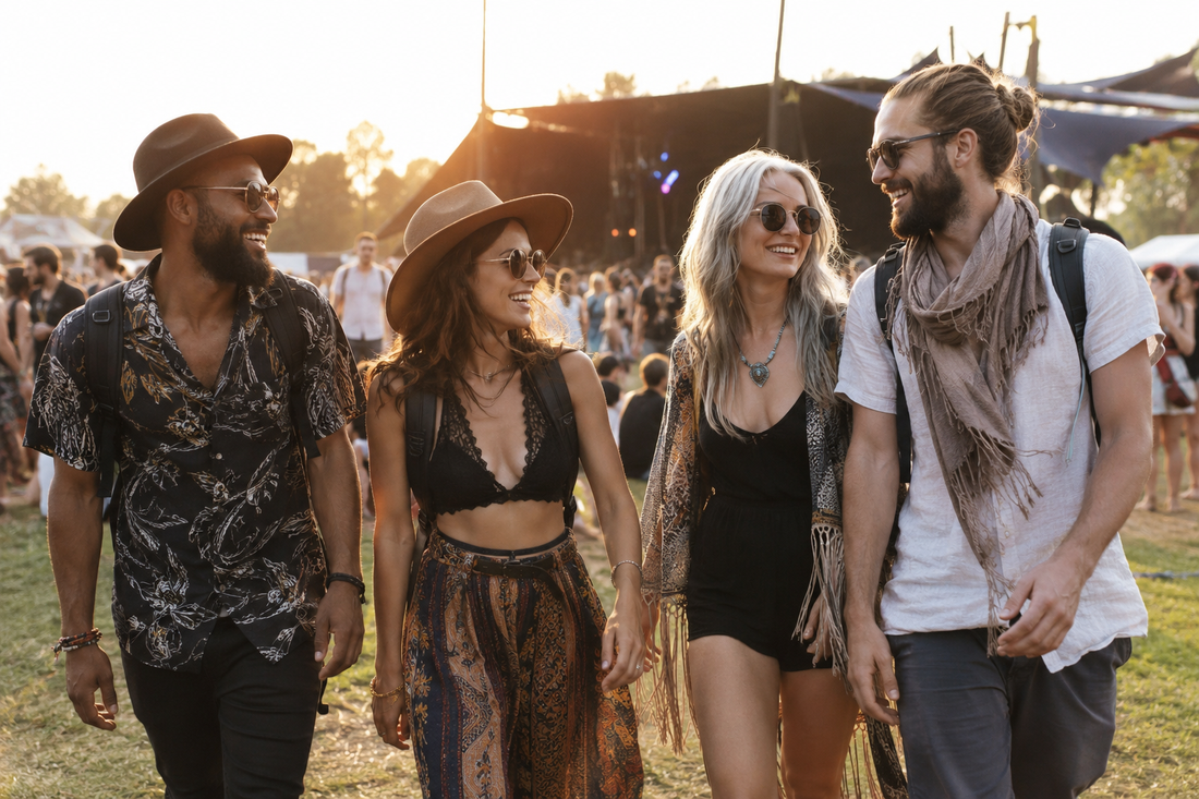 Adult friends wearing layered festival clothing at an outdoor music event