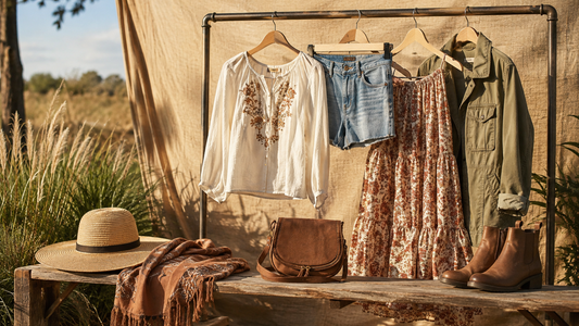 Layered festival outfits with blouse, denim shorts, printed skirt, utility jacket and ankle boots