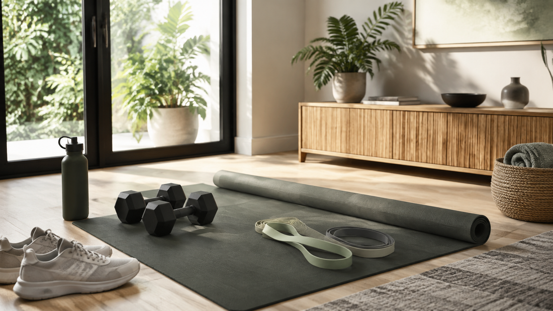 Home fitness equipment arranged in a bright wellness space