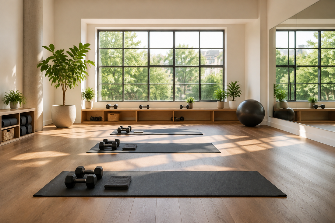 Inviting local fitness studio with mats and training equipment