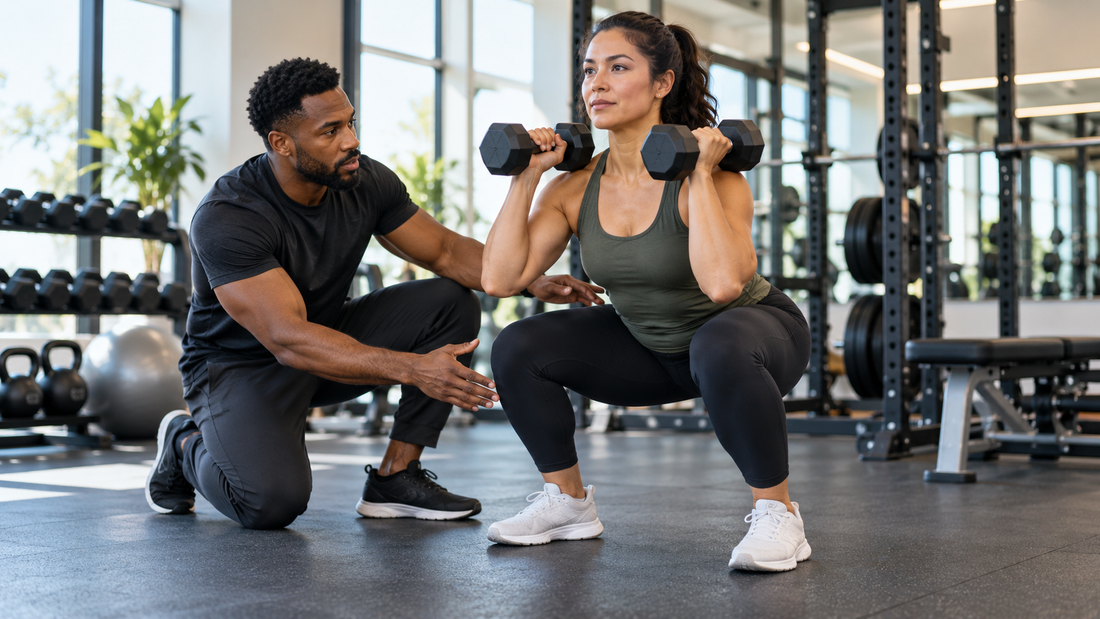 Professional adult fitness trainer coaching a client through a dumbbell squat