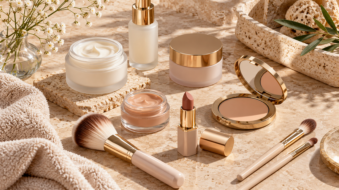 Unbranded beauty routine with skincare, powder, brushes and lipstick