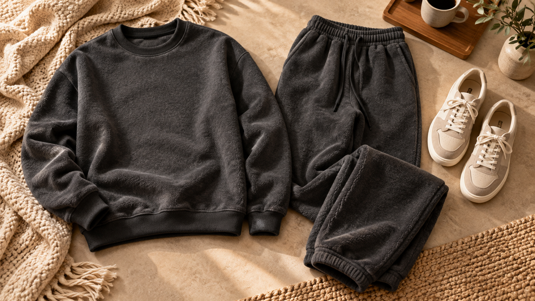 Charcoal fleece pants styled with a matching sweatshirt and shoes