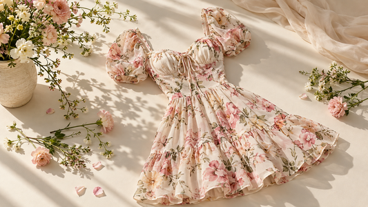 Floral mini dress arranged with flowers in warm natural light