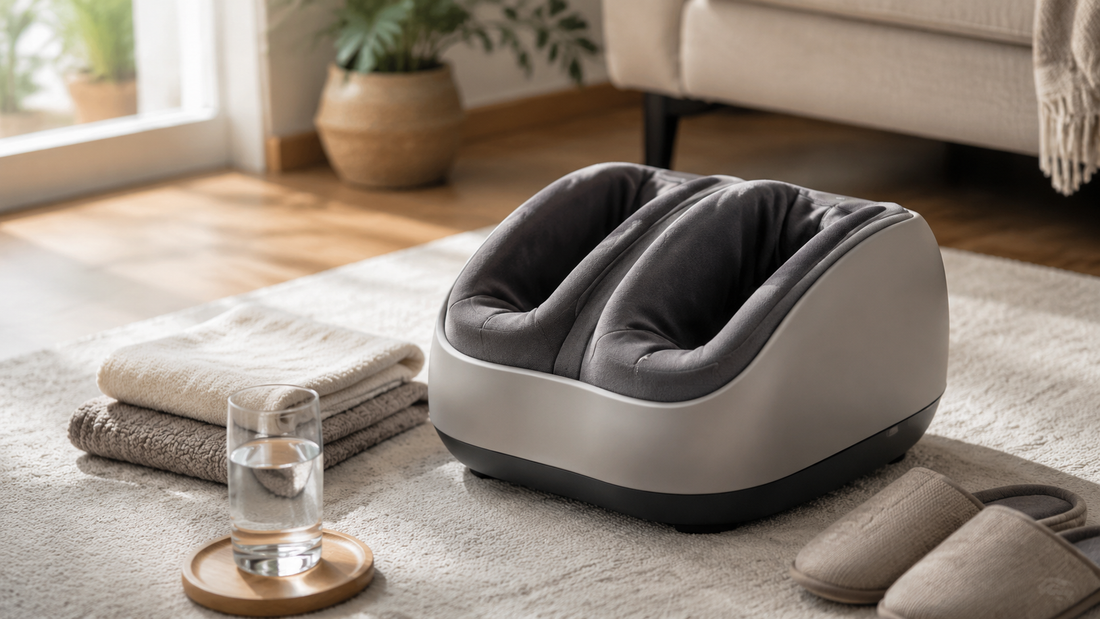 Modern unbranded electric foot massager beside a folded towel and slippers in a calm living room