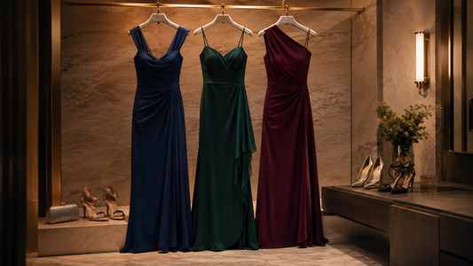 Navy, emerald and burgundy formal dresses displayed in an elegant modern dressing room