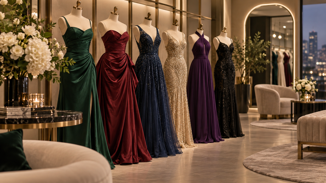 Formal dresses displayed inside an elegant eveningwear boutique