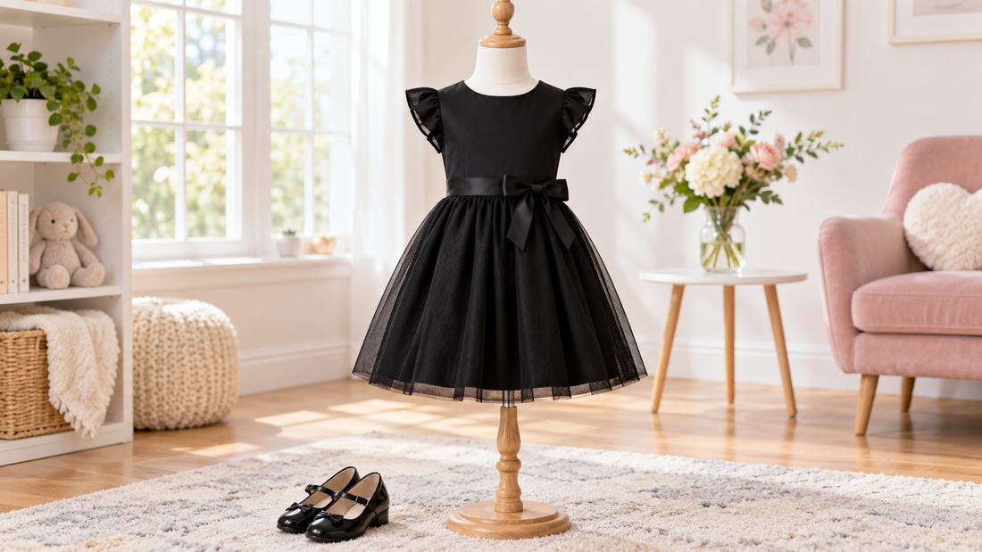Age-appropriate black party dress on a child-size mannequin in a bright room