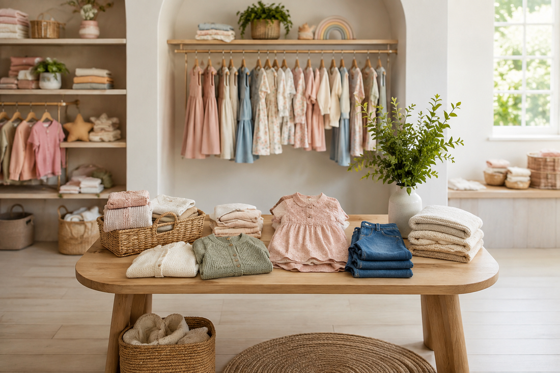 Tasteful girls' clothes arranged in a bright playful boutique