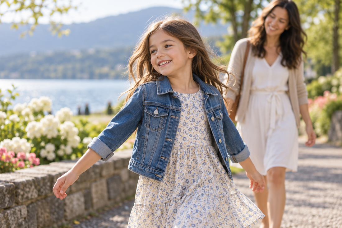 Girl wearing a blue denim jacket over a floral dress with an adult nearby outdoors