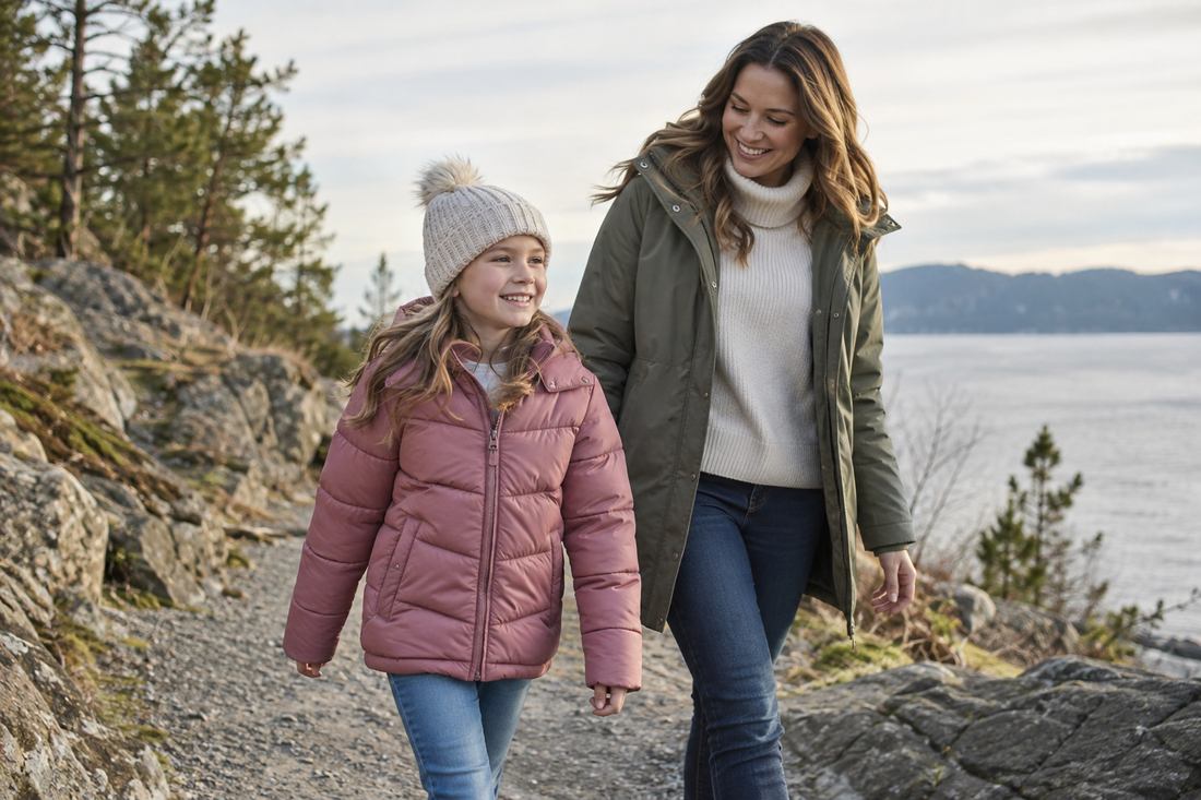 Girl wearing a warm pink puffer jacket outdoors with her mother