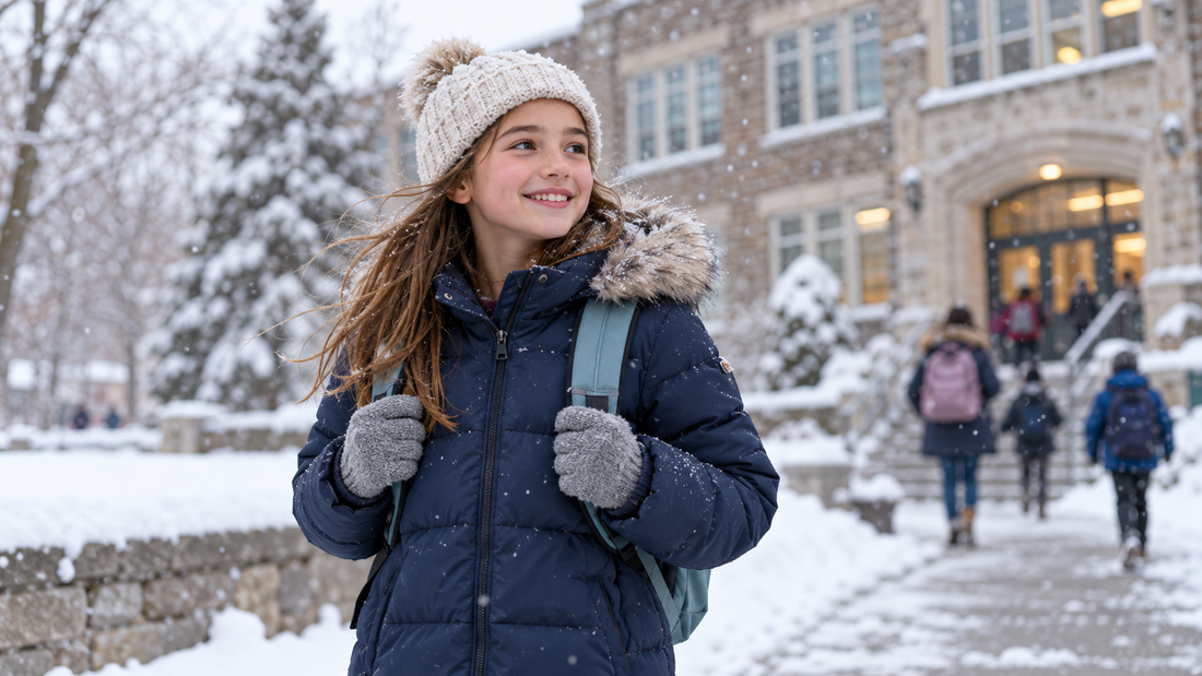 School-age girl wearing a practical unbranded winter jacket outdoors in light snow