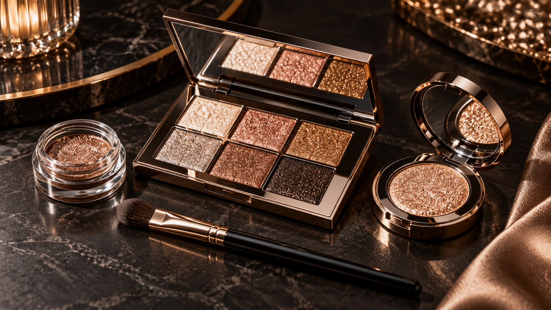 Unbranded glitter eyeshadow palette and shimmer products in metallic shades