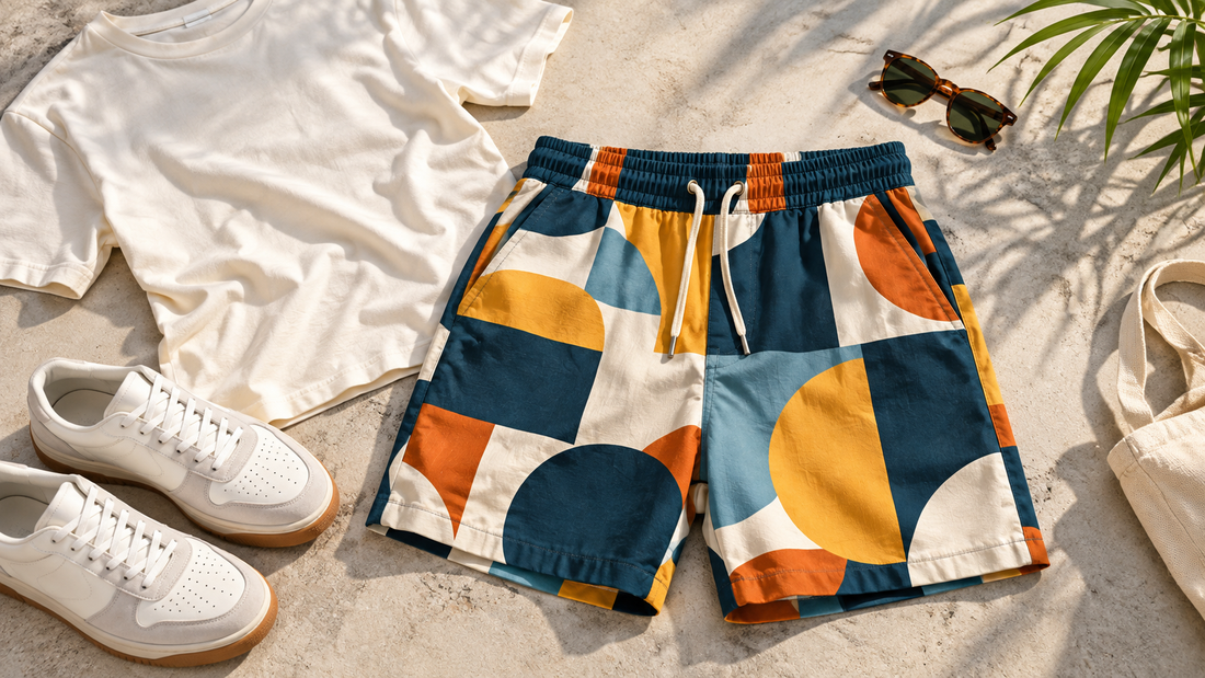 Colorful abstract graphic shorts styled with a plain top and sneakers