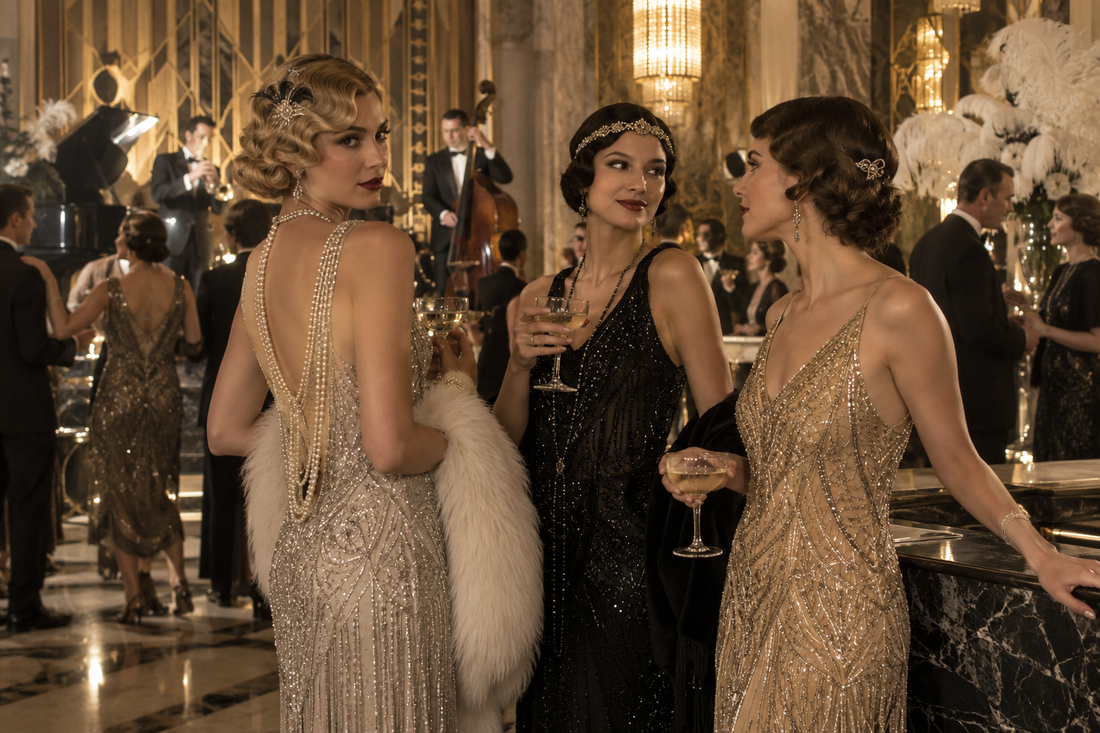 Women wearing elegant 1920s-inspired beaded dresses at an art deco party