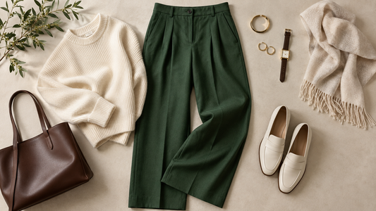 Forest green pants styled with cream knitwear and simple accessories