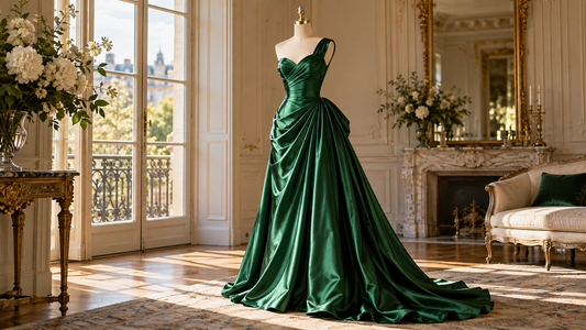 Elegant green satin dress displayed in a refined sunlit room